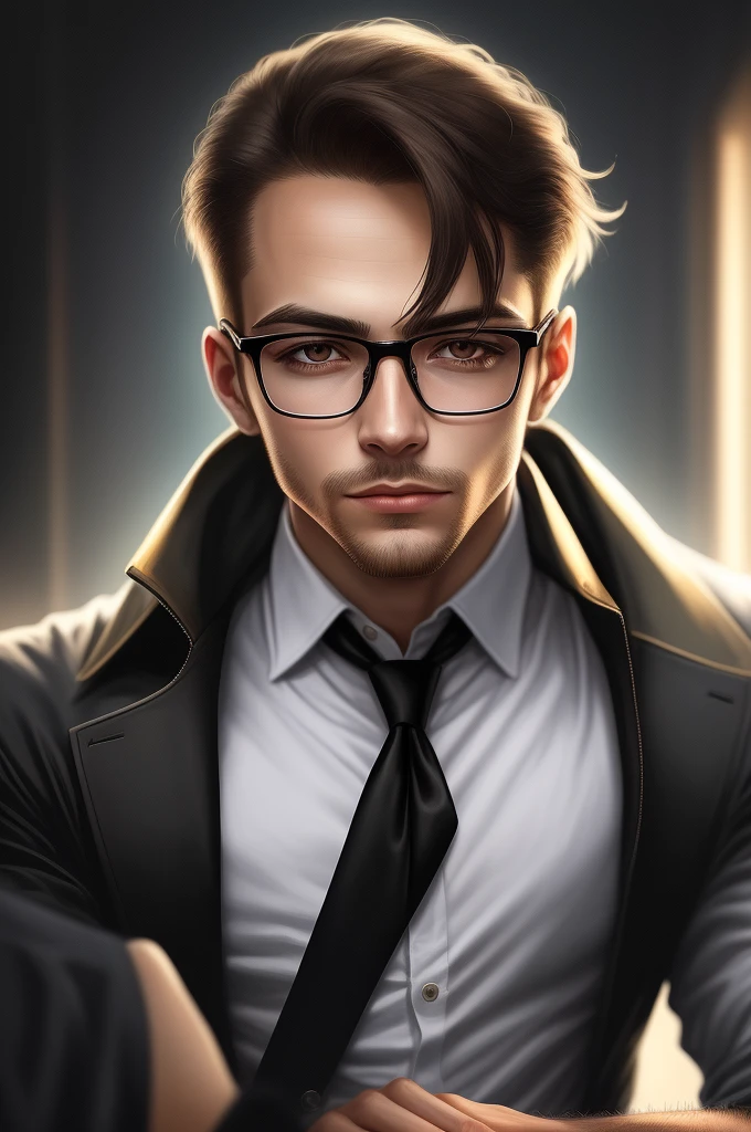 masterpiece, best quality, high resolution, closeup portrait, a male, Hacker, fantasy, a man with glasses and a tie in the dark, beautiful figure painting, bright light, amazing composition, front view, HDR, volumetric lighting, ultra quality, elegant, highly detailed