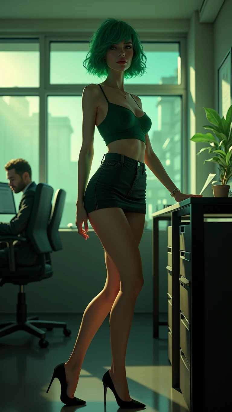 a beautiful girl, 1girl, short green hair, slim figure, hot,sexy office outfit, micro skirt, high heels, photo-realistic, 4k, hyperrealistic, highly detailed, intricate details, dramatic lighting, cinematic, american comic book style, vibrant colors, dynamic pose, working in the office, standing desk