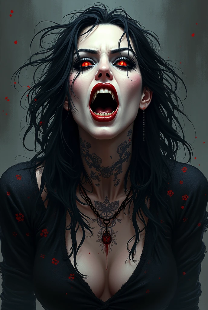Caveira with vampire teeth screaming (non-realistic tattoo design)