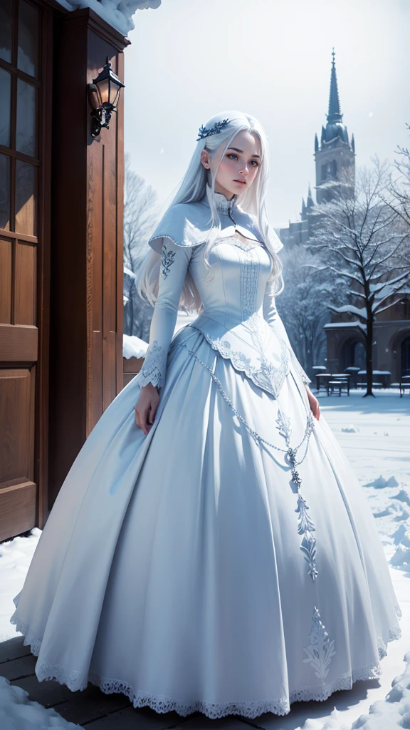 Silver hair woman, looking at the viewer, blue eyes like the sky, castillo, snow, snowing, cae snow, white dress with long sleeves, jewelry, Alone woman, solitary