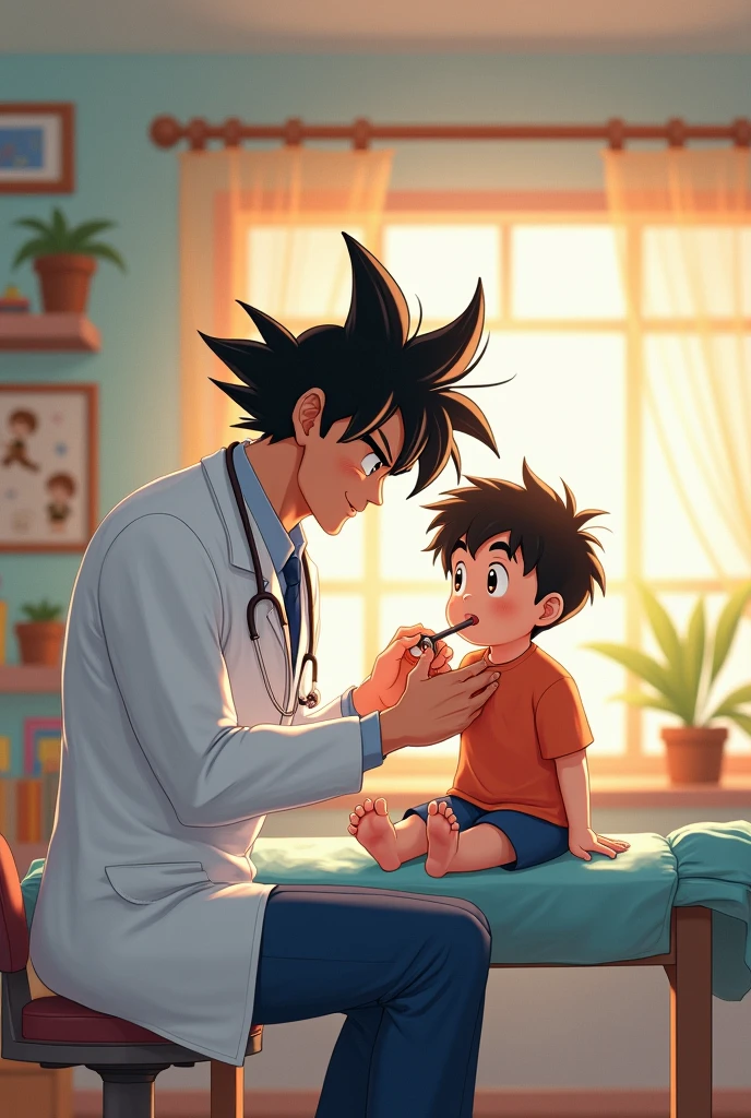 Goku is a doctor taking care of a child.


