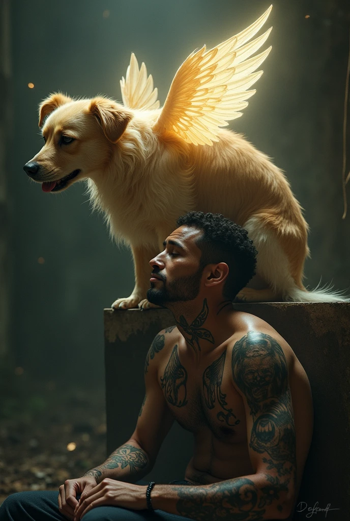 A small golden terrier dog turned into an angel and watching over a sad man with tattoos