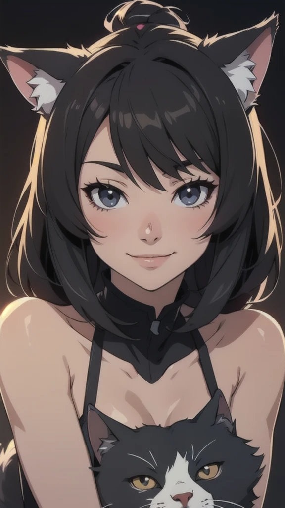 anime girl , mid black hair , black eyes , happy , cat ears, wolf hair cut , high quality , high quality face , smile