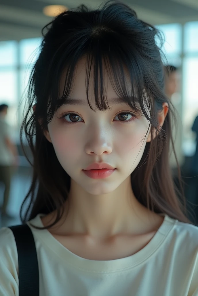 photos réalistes d'a Korean woman, crossed bangs, She lightly twitches her nose, T-shirt, In L'airport, Point de vue, Eye Level Shot, flou, uhd, head of'artwork, high resolution, 16K