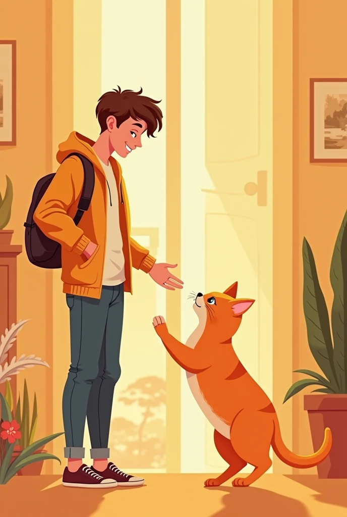 Sexy young man have greeting with orange cute cat beside him all image are orange tone and have text "Hello Thursday"