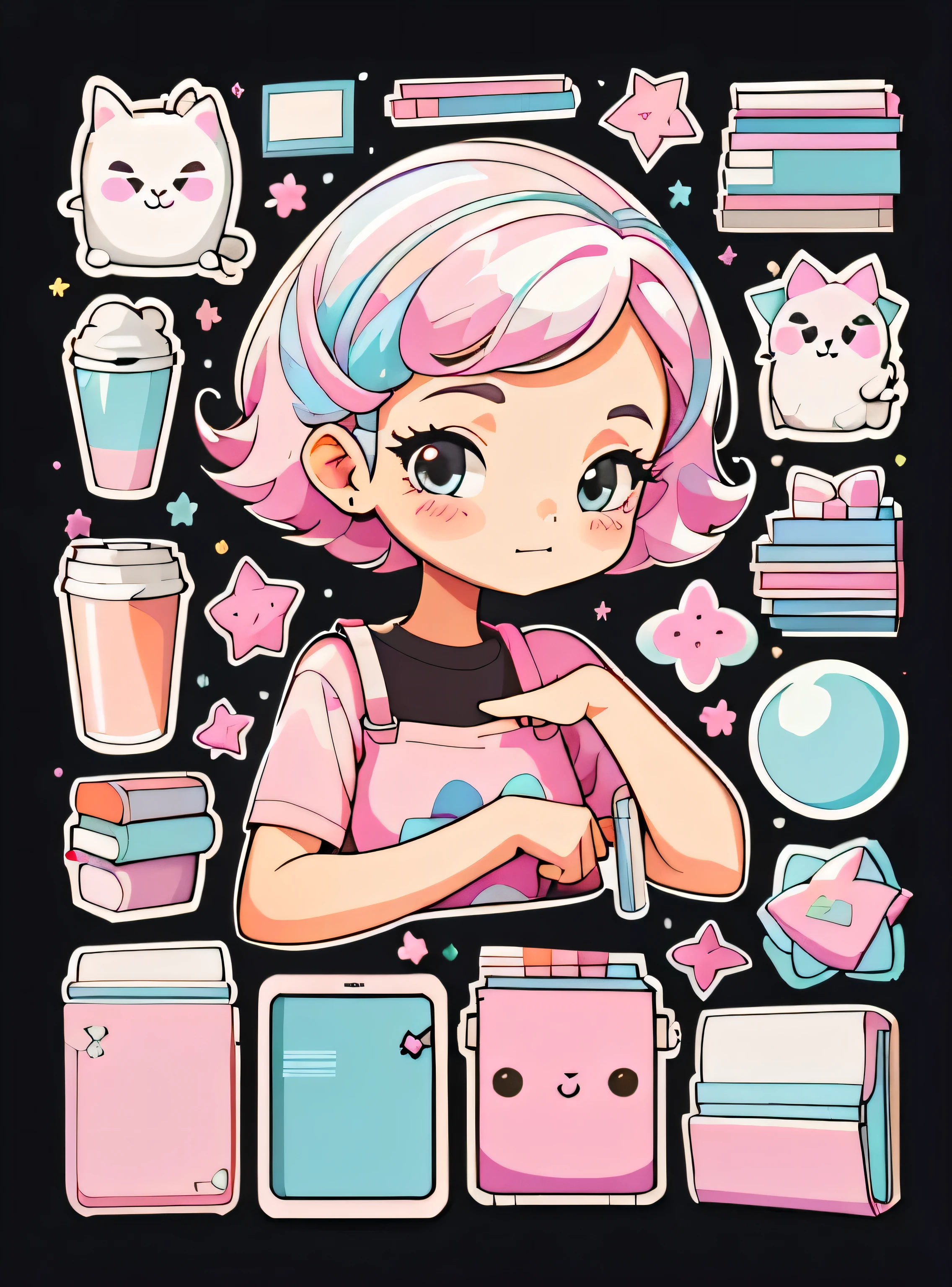 1 sticker, handbook, (a stylish girl, role model, pink top, fresh and fresh), pink and black background, simple background, minimum, textbooks, portable computer, school elements, cute, mic, pastel colored, vector style, No Gradient,smiling