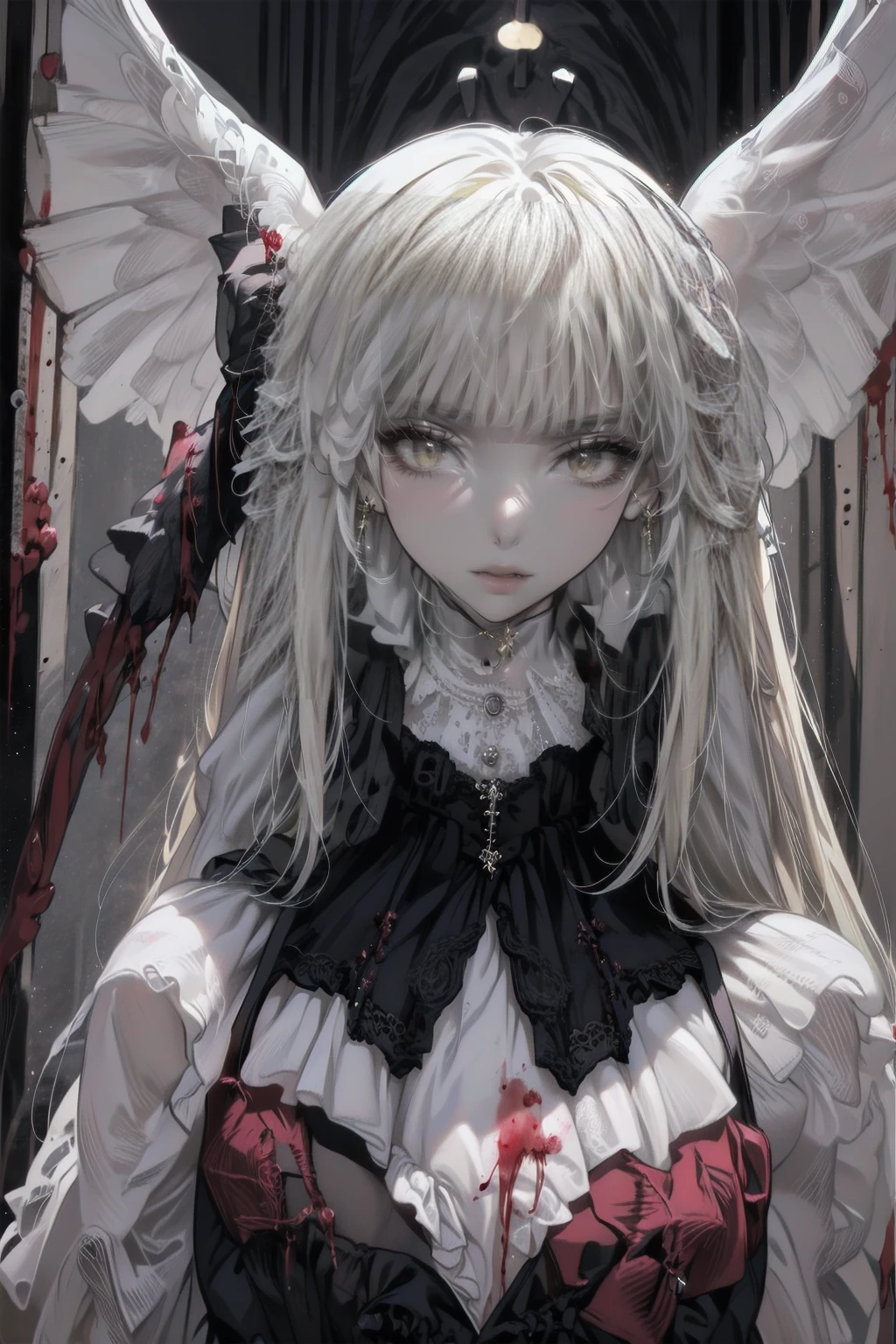 (((Alice in Wonderland:1.1))), 1girl, masterpiece, best quality, 8k, detailed skin texture, detailed cloth texture, beautiful detailed face, intricate details, ultra detailed, (a bow on her head:1.1), BACKLIGHT, realistic art, extremely delicate and beautiful, ultra-detailed, 1girl, white hair, vampire, yandere, creepy smile, (((Black goo flowing from eyes, eldritch Horror, skeleton, exposed Bone, bleeding, undead, rotting, ripped flesh, ((Blood)), gore, creepy, scary, monster, evil, insane ))) glowing dark red eyes, floating, detailed light, illustration, dynamic angle, depth of field, Short Vampire girl, long hair, ((white hair)), showing fangs, pale white skin, (ultra high res, best quality,), (8k, raw photo, best quality, masterpiece), technological sense, best quality, masterpiece, illustration,CG ,unity ,wallpaper, official art, Amazing, finely detail, an extremely delicate and beautiful,extremely detailed, highly detailed, sharp focus,rich background, (real person,photograph), ((high detailed skin))