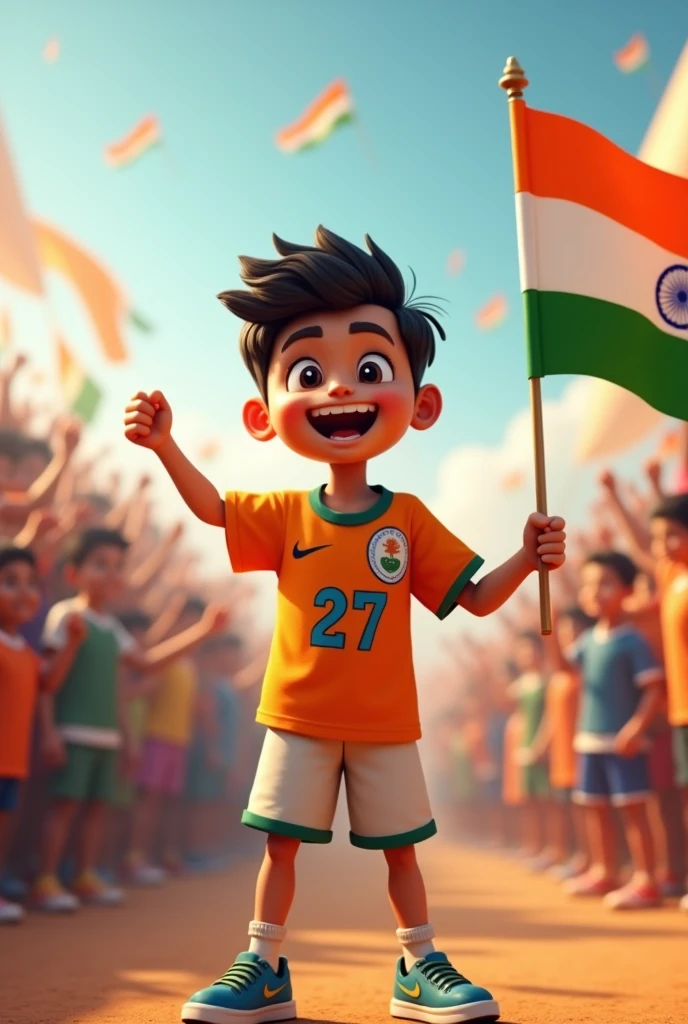 A boy named Shivam Chaudhary (jersey 27 ) wearing Indian jersey celebrating 15th August having flag in hand 3D AI picture name should be specially seen 
