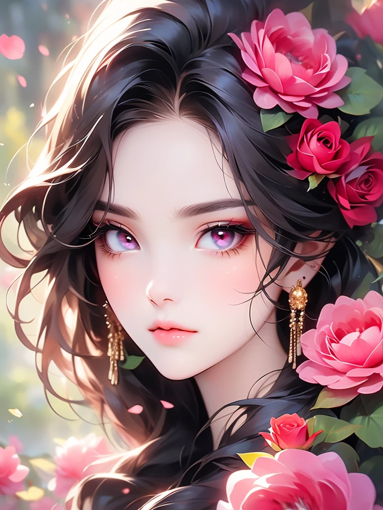 Pink flowers and golden eyes looking at the camera, 8K high quality, detailed art, Very fine eye, Beautiful and detailed, Hyper Detail Eyes, Stunning face portrait, Ultra-fine eyes, Cute realistic portrait, Dreaming eyes, Large and fine eyes, Highly detailed face and eyes, Beautiful attention to detail, Very fine grain, Pink Eyes、Surrounded by flowers、Beautiful illustration、Eye close-up、mysterious、Gorgeous、Rose、Black Hair, Very long hair, Straight Hair, Large Breasts, (((Large flowers around the face)))、