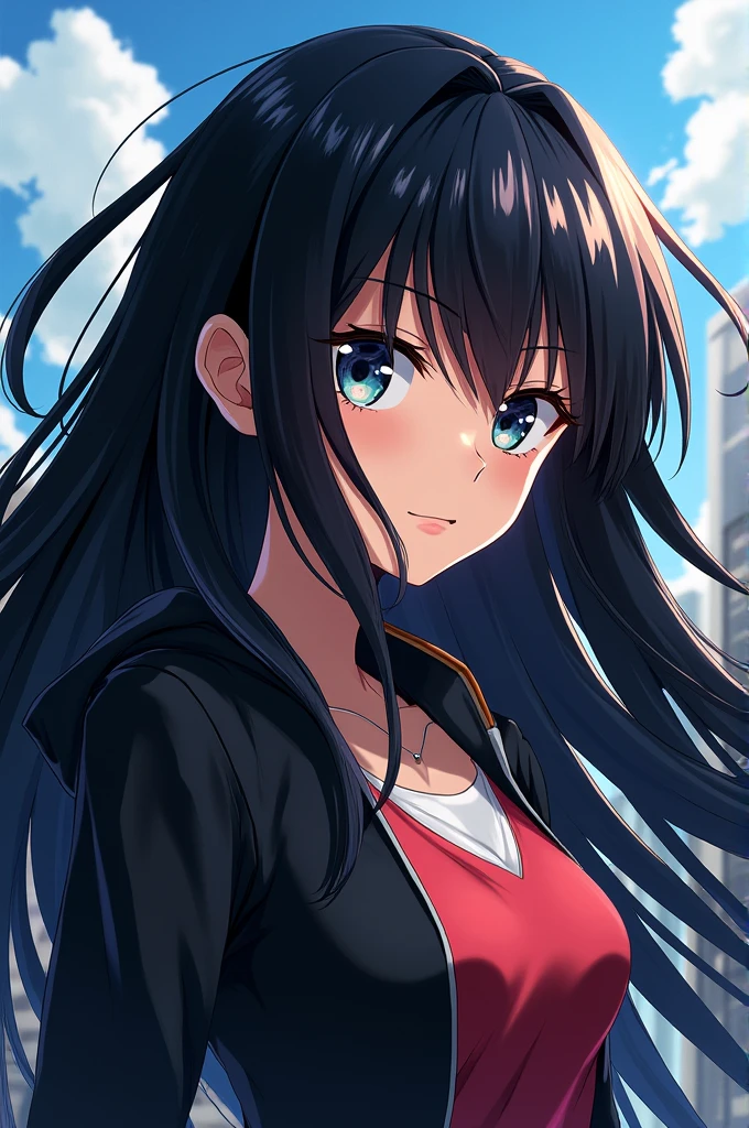 I'd like a drawing in the style of My Hero Academia, with long black straight hair.