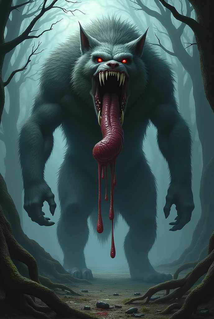 Giant-tongued and saliva-covered werewolf 
