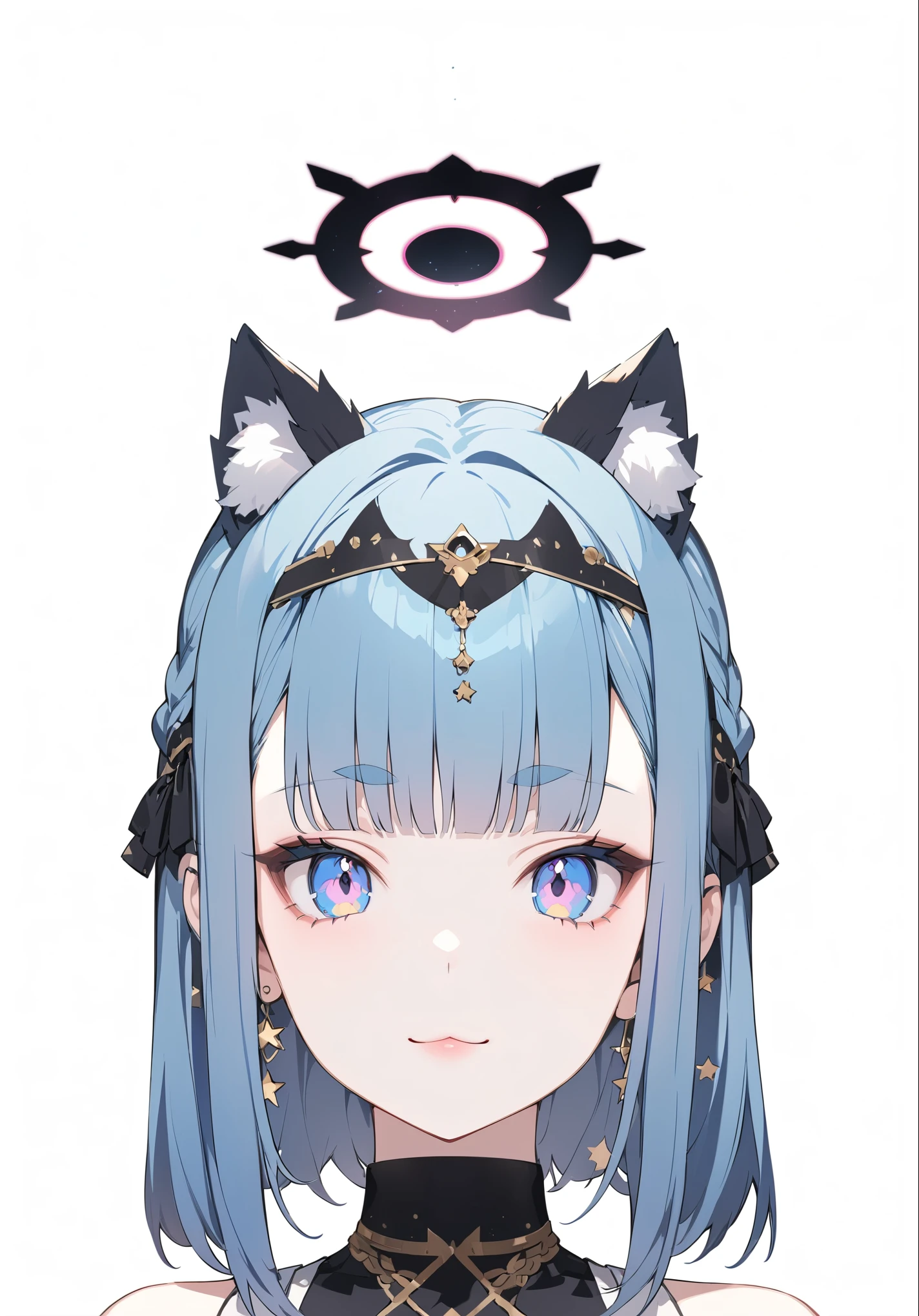 women, (two small black fox ears on the head: 1.6), (Black halo with luminous blue: 1.2, sphere in the center of the halo:1.7, luminous pink outline on the halo: 1.1), (light blue hair: 1.9, wavy hair: 1.7, braided hair: 1.3, short hair: 1.5, symmetrical center bangs, long side bangs, braids under fox ears: 1.2, Small eyebrows, thick eyebrows, hair ornaments), ((blue eyes, pink pupil, blue gradient on the eyes)), (((vista: 3/4))), ((simple background: 1.4)), extremely detailed hair: 1.8, extremely detailed face, beautiful detailed eyes, Beautiful lips, detailed lips, (Best Quality, 8k, ultra resolution: 1.7), ultra detailed, Exquisite and epic character art, (((Focus on symmetry: 1.8))), beautiful detailed eyes, star earrings, black ribbon with gold lines, little ponytail.