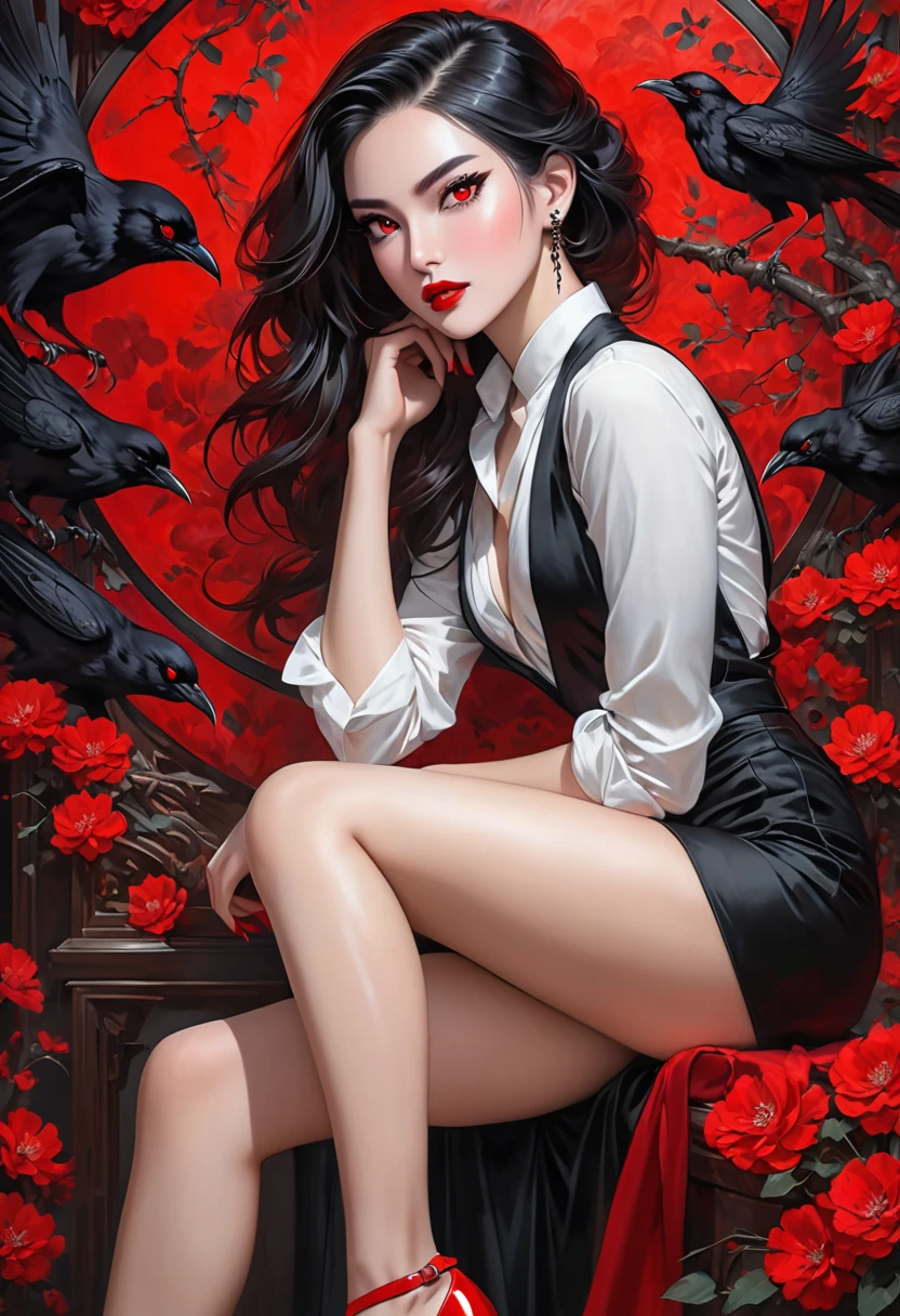 A strikingly elegant enchantress, her alabaster complexion stark against the black pencil skirt hugging her slender frame. Raven hair cascades like silk, framing piercing red eyes and lips that match the soles of her crimson heels. This image, perhaps a painting, radiates a sense of mystery and allure. Every detail is meticulously crafted, from the flawless makeup to the impeccable tailoring of her outfit. The overall effect is mesmerizing, drawing viewers into the enigmatic beauty of this femme fatale. Red eyes and fangs