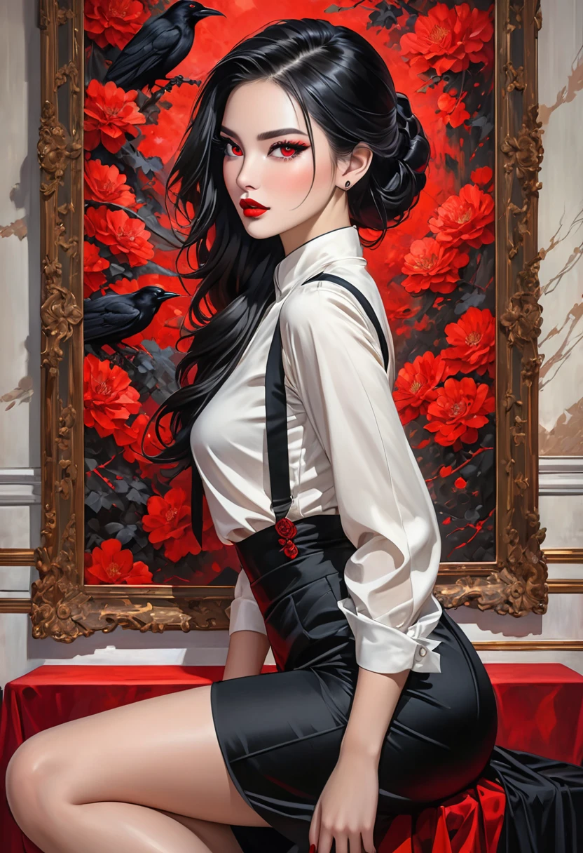 A strikingly elegant enchantress, her alabaster complexion stark against the black pencil skirt hugging her slender frame. Raven hair cascades like silk, framing piercing red eyes and lips that match the soles of her crimson heels. This image, perhaps a painting, radiates a sense of mystery and allure. Every detail is meticulously crafted, from the flawless makeup to the impeccable tailoring of her outfit. The overall effect is mesmerizing, drawing viewers into the enigmatic beauty of this femme fatale. Red eyes and fangs