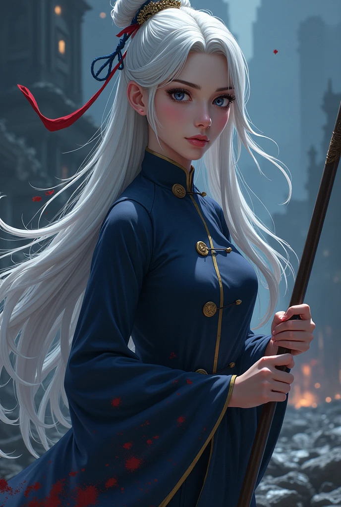 (anime:1.2), adult woman, wearing loose deep navy qipao dress, deep navy shirt with golden button, platinum hair, tanned skin, extremely long hair, black eyes, relaxed pose, strong and stoic expression, holding a spear, image shot from her side, detailed face, blood splattered across her clothes, monsters in background, broken city in background, cold colors, night sky, dark background, lighting from the front
