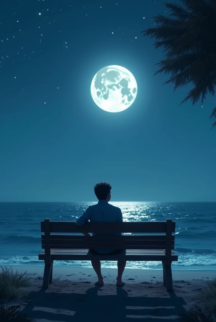 Man sitting in the sea shore in the bench looking towards the sea, full moon light
