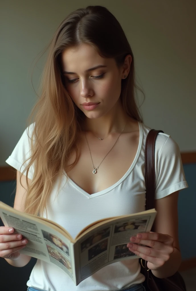 Make a not componised, amateur and realistic photo of an average, ugly white girl who is reading magazine. The photo quality is bad.