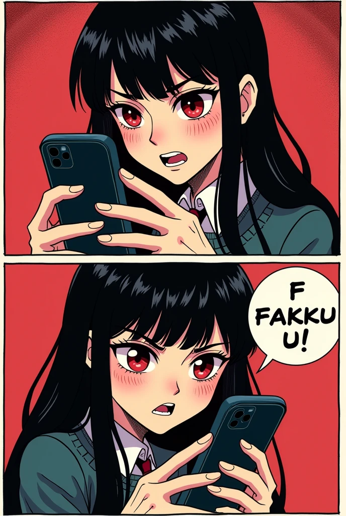 (masterpiece, best quality:1.2), (2comic panels, dot halftone, flat color), black hair, red eyes, vampire girl, scrolling on smart phone, (saying "F-Fakku U!" with angry face)