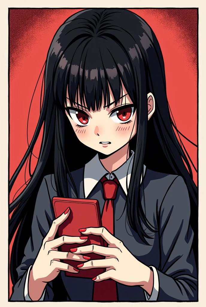 (masterpiece, best quality:1.2), (2comic panels, dot halftone, flat color), black hair, red eyes, vampire girl, scrolling on smart phone, (saying "F-Fakku U!" with angry face)