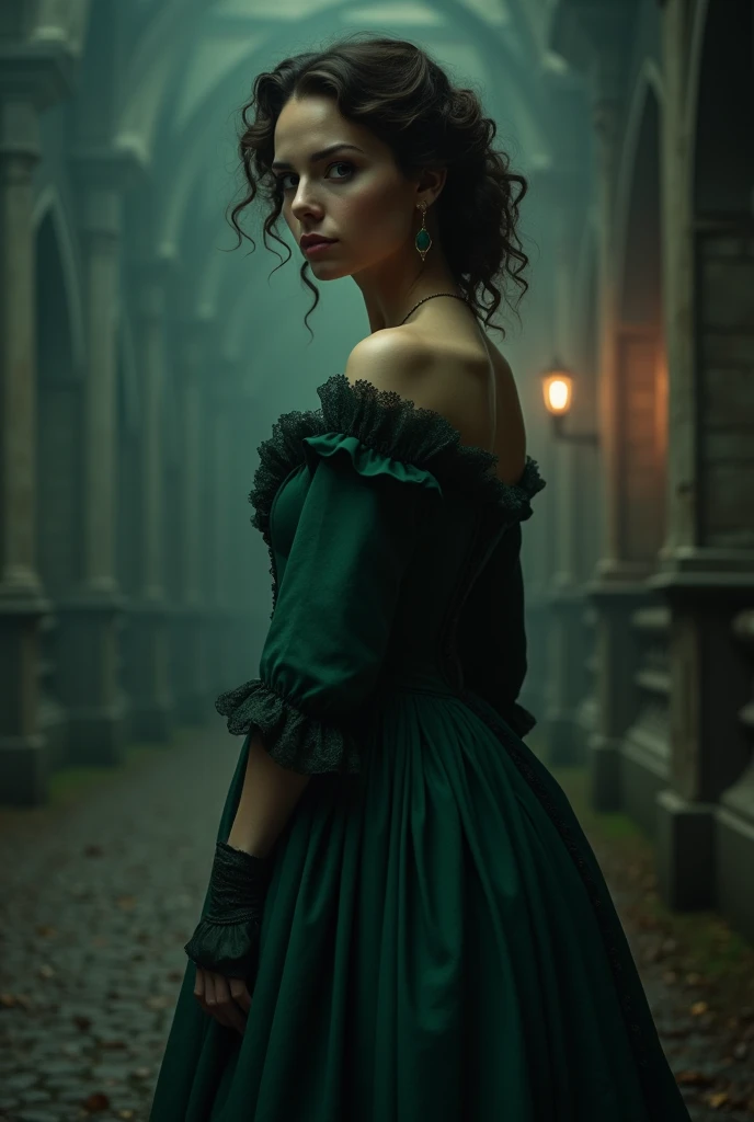 A Victorian woman, a lady, human. She has brown hair and it's curly but without much volume, she wears her hair with a opened hairstyle. She wears a jade green colored dress out of the 1721, a bit English touched. It's for my vampire novel so it should have a dark touch.
Right now, her back is turned to the camera, so we look kind of over her shoulder.
Make it more look like a book cover for a vampire novel.
She has a open hairstyle
She's human, but the atmosphere is dark.