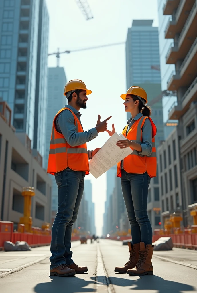 (photorealism:1.2),
Images with impressive background and an image of a woman and man working in a construction area in a business drawing.