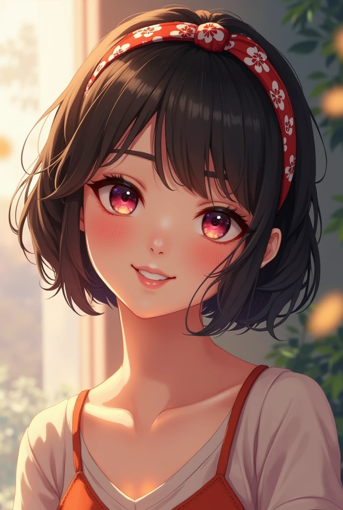 with short hair and a headband in her hair