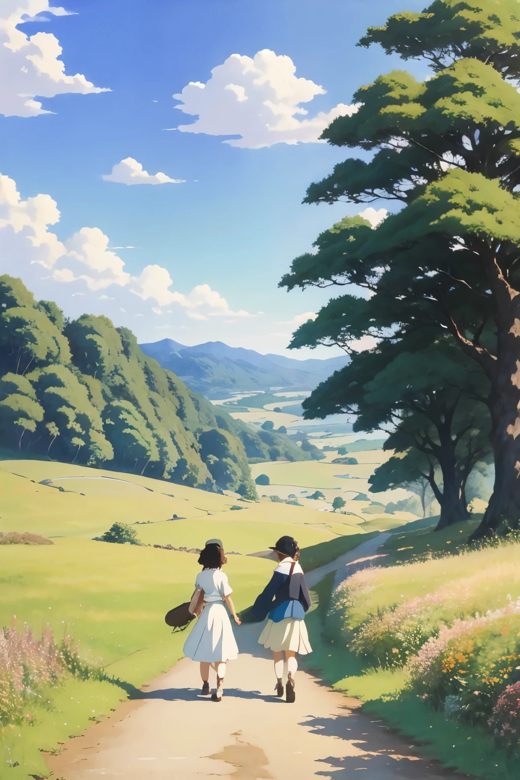 Realistic, Real, two Beautiful Girls Walking on the Road,,Beautiful and Amazing Landscape Oil Painting Studio Ghibli Hayao Miyazaki Petals Grassland Blue Sky Grassland Country Road and bulding