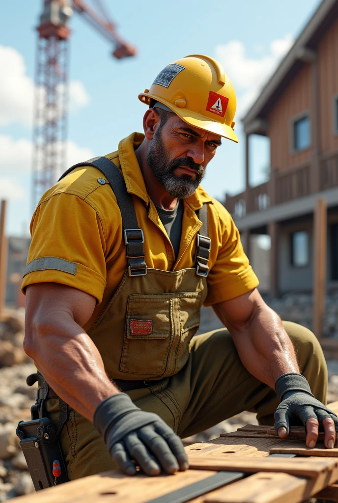 Create a 3D drawing character in the style of gta v
Male working on a house construction site and wearing a yellow uniform and architect's helmet, without looking ahead looking at the construction