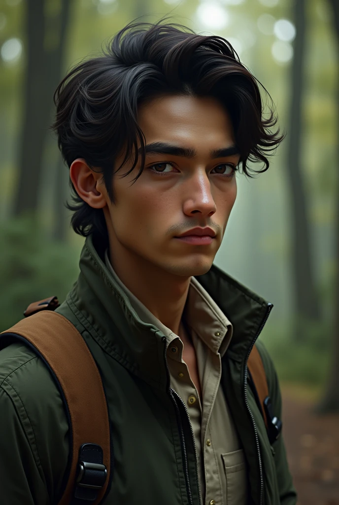 You can describe me as an attractive man, a tall person , with very light brown skin, medium length hair styled in a bookish way, bushy eyebrows, hunter's look, no facial hair, with a little bit of puffed out cheeks, pronounced cheekbones and a face of a 17 year old Mexican youth