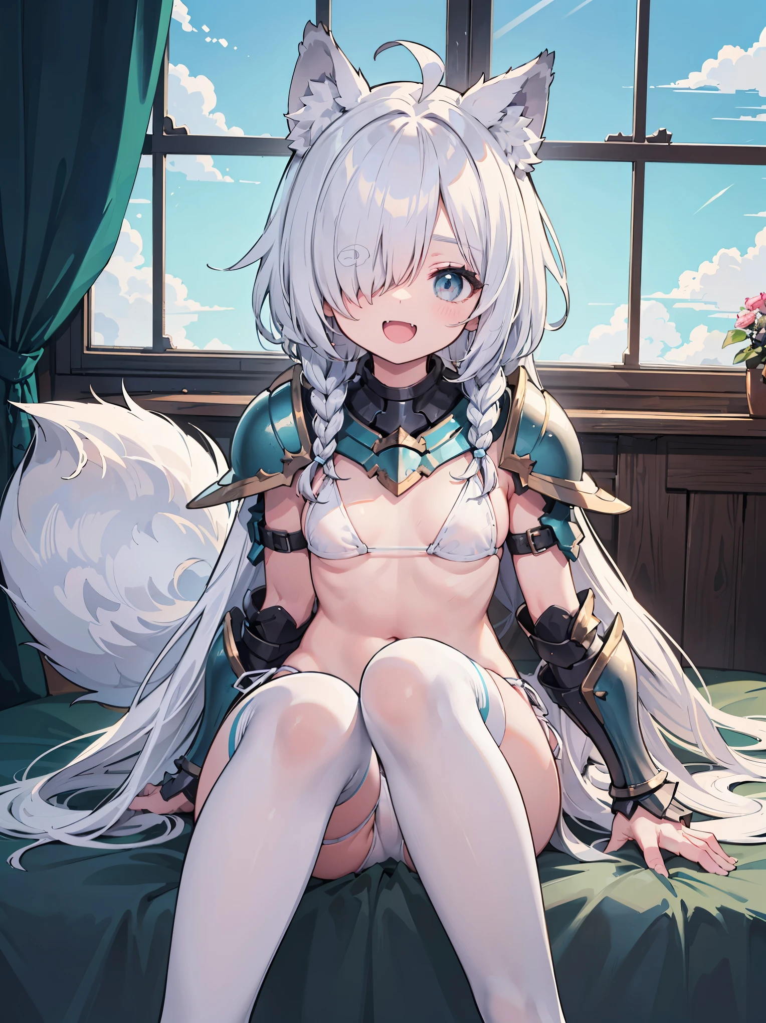 (masterpiece:1.2), (highest quality:1.2), perfect eyes, perfect face, perfect lighting, middle ages, room, 1girl, aqua eye, ((((((hair over one eye,)))))), Braidスタイル, spike hair, dull bangs, black_bob hair, Braid, Ahoge, robe ((((Transparent white bikini armor)))), Thighhighs, cute eyes, Medium chest, bright, (open_legs:1.3), open your mouth, vivid description,orgasm, I was scared, (abs:0.6) Ahegao, smile+Happy, tooth, anger, sitting,creining,apart_legs,wolf_ears,fang,wolf_tail,crotch,groin,rise_knee