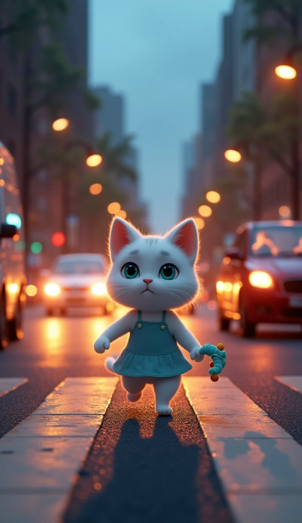 A busy city street at twilight, illuminated by streetlights and headlights from passing vehicles. Abby, the white, slightly chubby female cat, is seen darting across the sidewalk near a bustling intersection, her eyes wide with fear and determination as she searches for her thrown plush toy. Abby is standing on two legs and is dressed in a light blue dress, which complements her soft fur. The traffic is heavy, and in the background, a car is speeding towards the crosswalk, its headlights casting a harsh light on the scene. The atmosphere is tense and foreboding, capturing the moment just before the tragic accident. The scene is rendered in a 3D animation style.