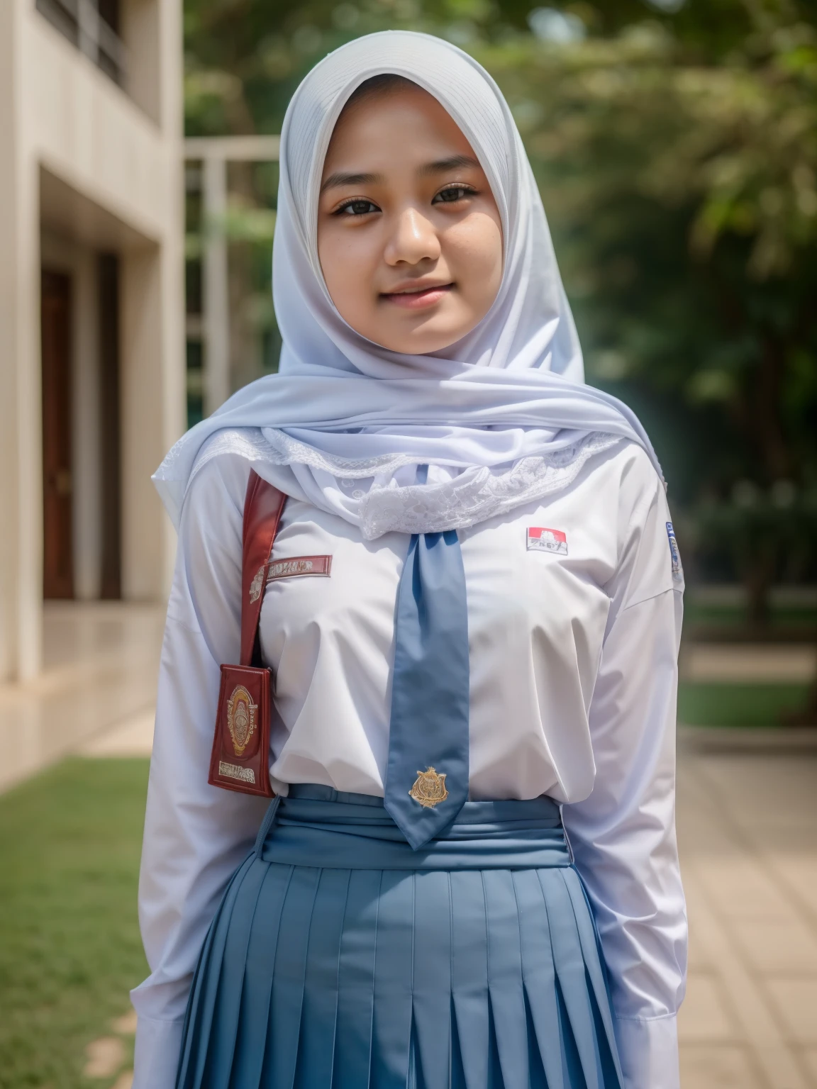 beautiful Indonesian High school girl , (white hijab), young, seragamsmahijab, school, waist up shot, realistic, photorealistic, photo-realistic:1.37, (best quality,8k,highres,masterpiece:1.2),ultra-detailed,HDR,UHD,studio lighting,extreme detail description,professional,vivid colors,bokeh,portraits