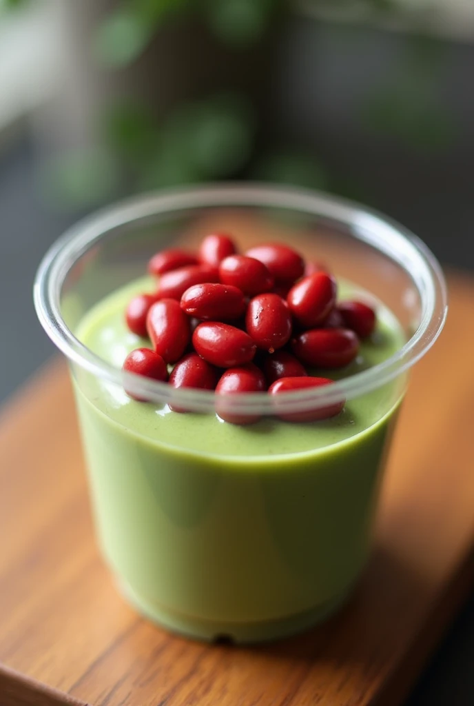 Small matcha Pudding with red beans on top in a clear plastic small cup