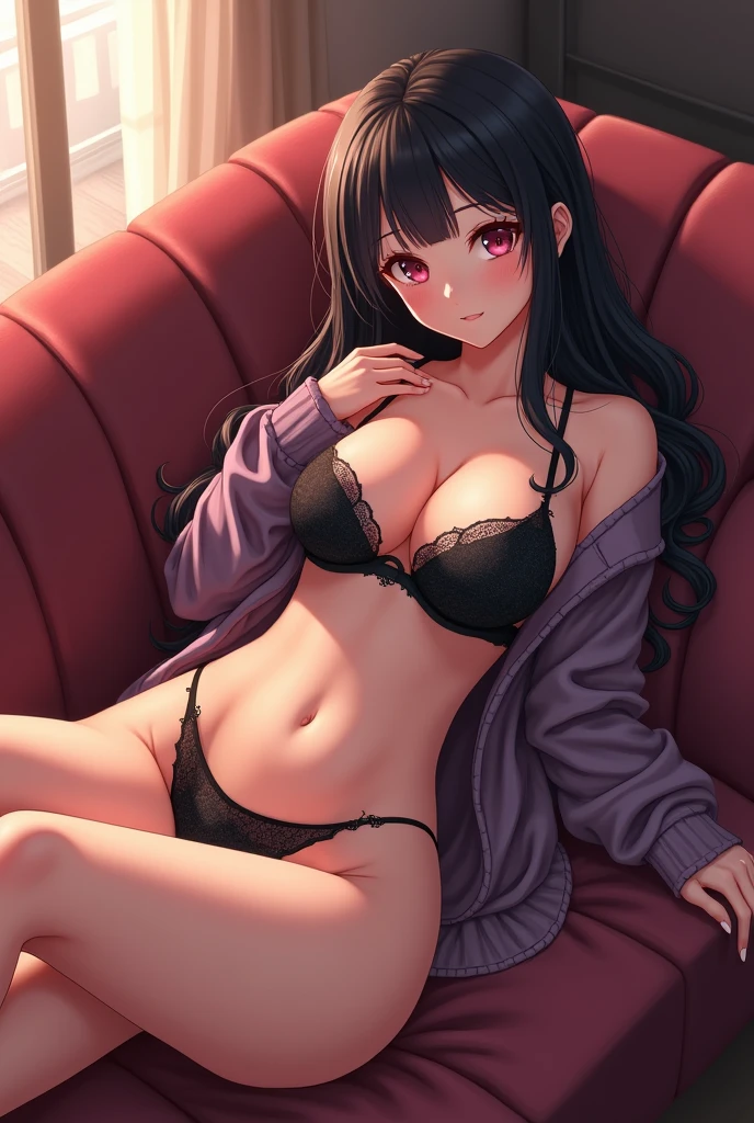 Anime girl on couch with bra out. Big tits. Sweater almost completely off.