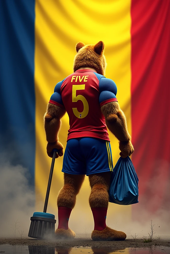 I wanted to create an image of the Romanian flag with the official mascot of the Romanian national team with its back to the audience, wearing the number 5 on the shirt with the name 'Five' and cleaning supplies symbolizing a war against dirt.