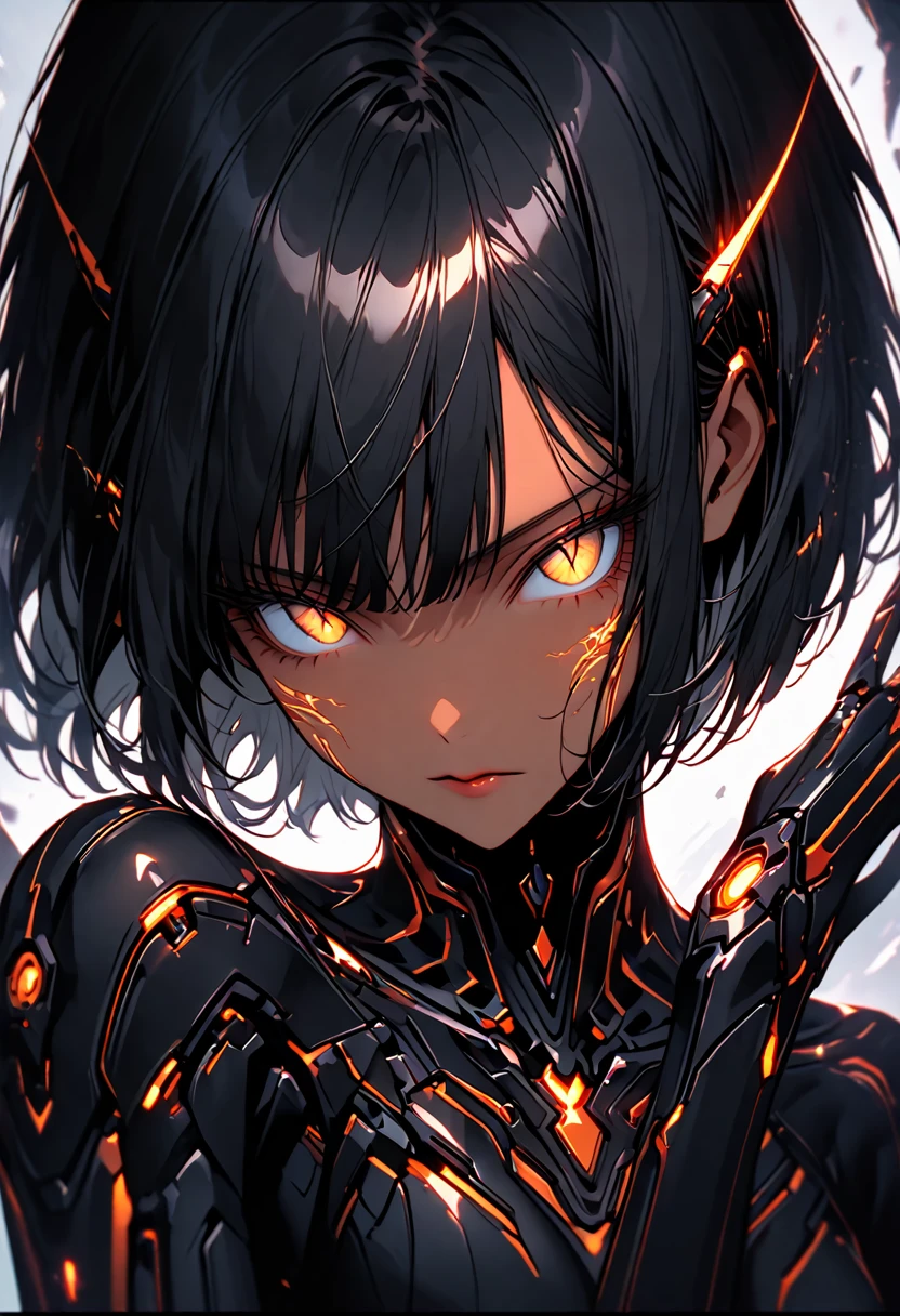 solo, female, close up, Black hair, sleek and straight hair, chin-length bob cut, slightly tousled bangs framing her face, hair infused with metallic threads, shimmering hair, slit pupils, amber-gold iris, augmented eyes, Smooth skin, tan, faint silvery veins visible just beneath the surface of her skin, skin illuminated from within, Lean, athletic, long limbs, arachnid mechanical legs on her back, confident stance, slender mechanical legs, small glowing nodes scattered across her, cybernetic enhancements, medium shot, pose