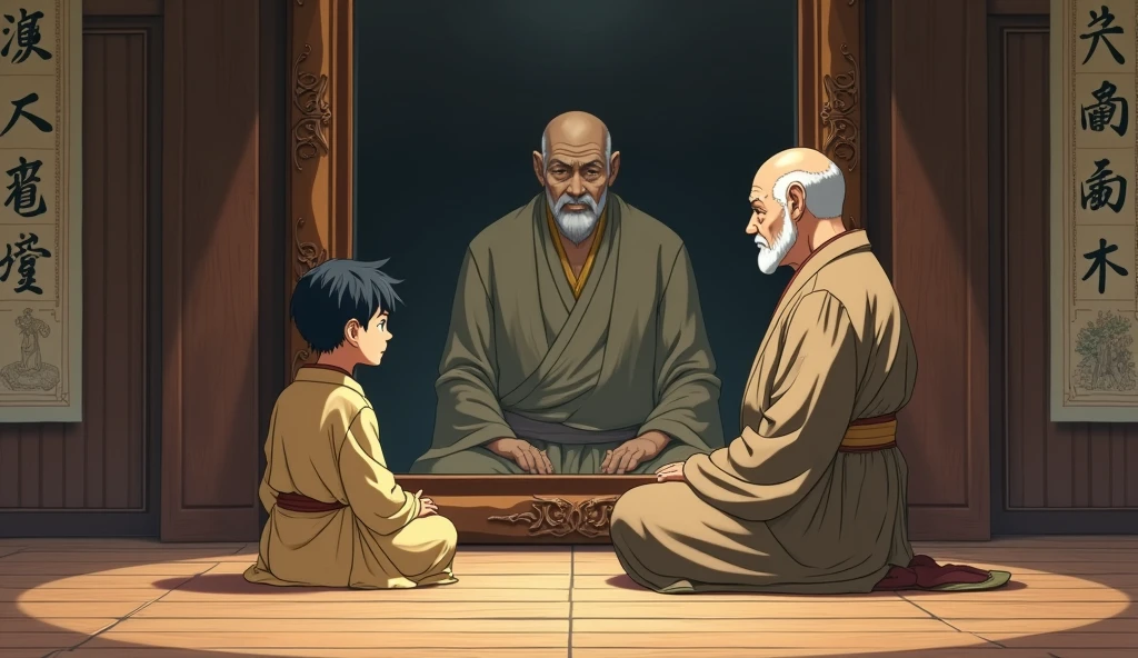 Young monk student sitting with his old fat master monk in from of huge mirror in a room, in anime style,