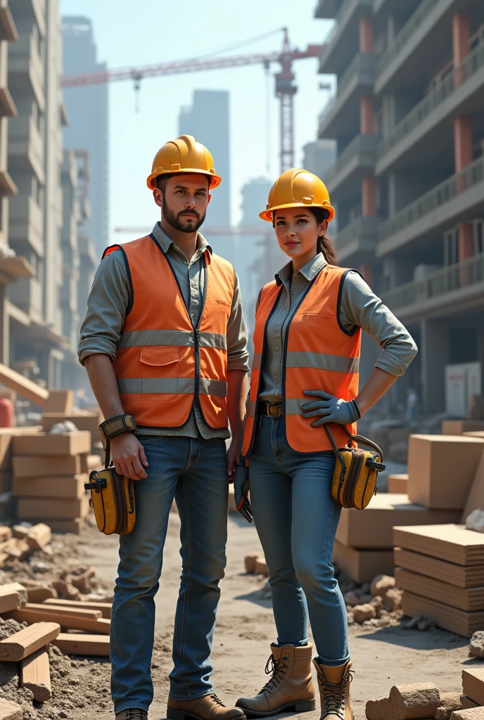 (photorealism:1.2), 
Images with impressive background and an image of a woman and man working in a construction area in a business drawing.