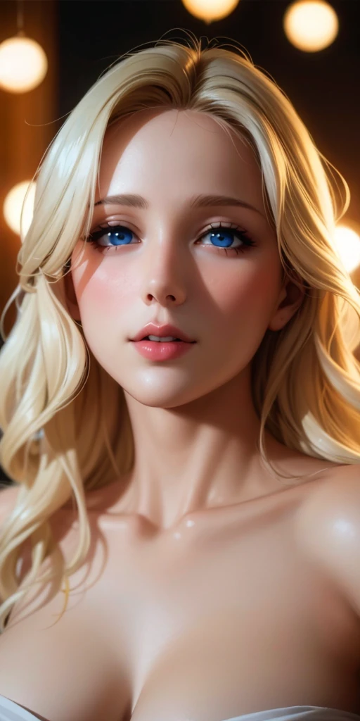Elegant adult woman, milf, white skin, blue eyes, blonde hair, soft light, 4k resolution, high quality, beautiful cg