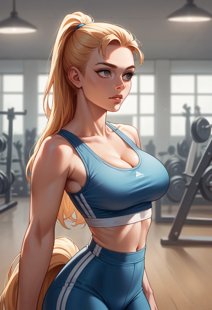 wear sports clothes, huge tits, standing in the gym, Looking to the camera, perspiration, Horse tail, (Best Quality:1.2), super detail, Photo of beautiful Caucasian woman, by rubio, Thin waist, deep neckline, perfect lighting, realist
