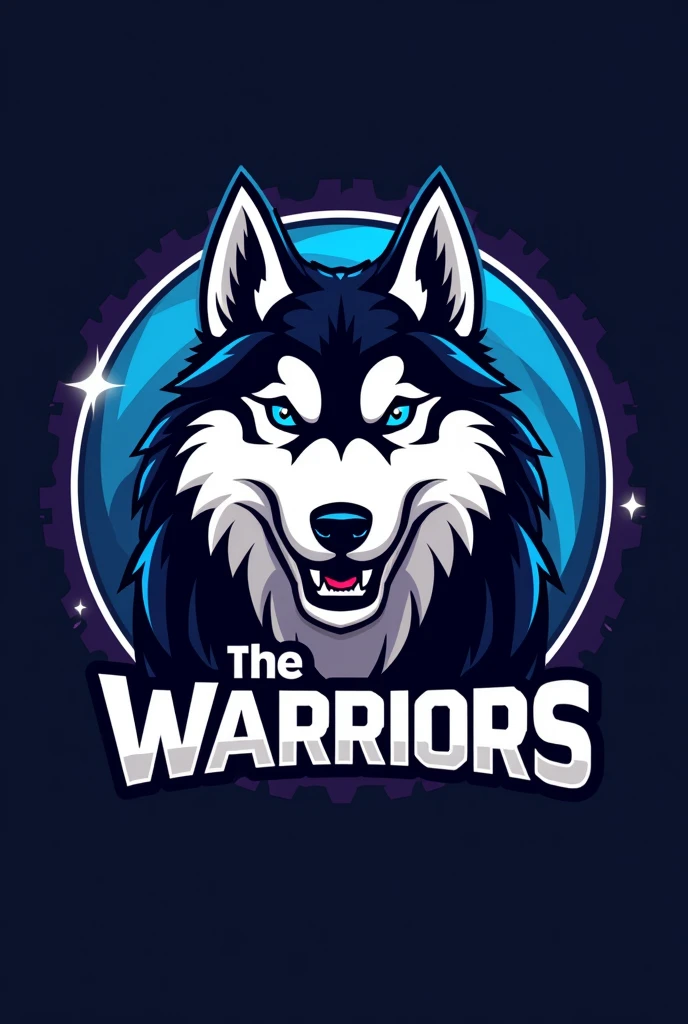 Give me a circular logo for a football team with the base colors blue, dark blue, and purple. The mascot is a Siberian Husky, and the team name is The Warriors.