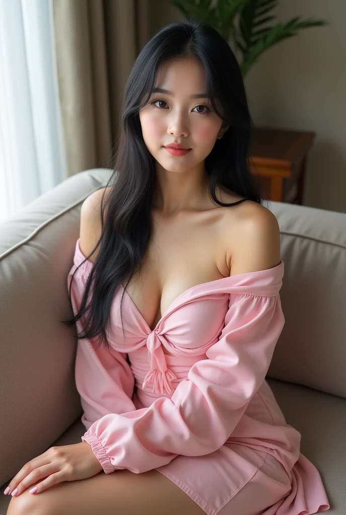 A beautiful asian and young girl.Her facial features are exquisite and fully conform to the golden ratio of human anatomy...Her long,straight long black hair, Big breasts, huge chest, fat body,  beautiful scenery,  big breasts, big, big tits, busty , big breast,  big boobs, wearing a beautiful pink big loose top, sexy skirt, sexy pose ,  big breasts , big breasts,  huge tits, selfie, laying down on the sofa, full body shot