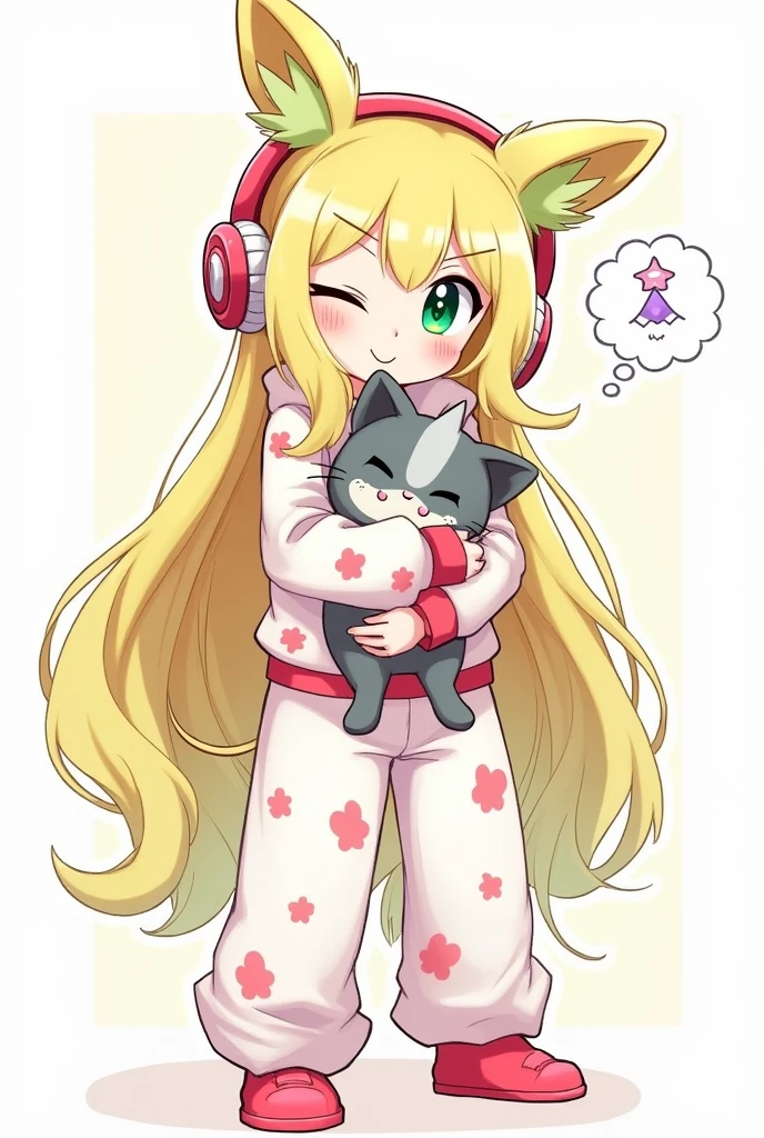 Personnage animé aux cheveux blond et longs avec un casque gaming qui fait un clin d œil avec les yeux vert  et qui est vetu d'une combinaison pyjama de  ectoplasma dans pokemon et qui porte dans ses bras yuumi qui est un chat syberien avec plein de poile gris et blanc avec une couronne argente sur la tete du jeu vidéo League of legends le tout doit etre en mode esquisse
