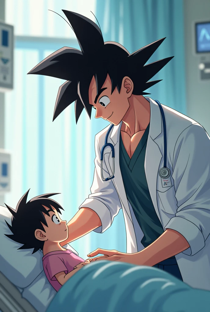 Goku is a doctor taking care of a child.