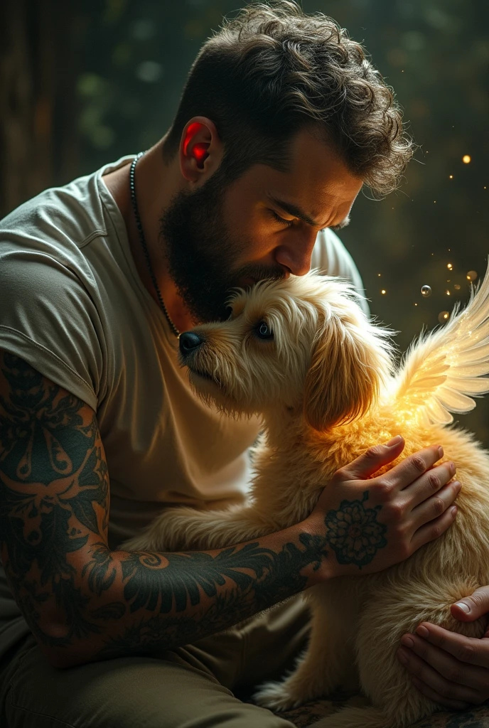 A small golden terry dog turned into an angel and taken care of by a sad man with tattoos 