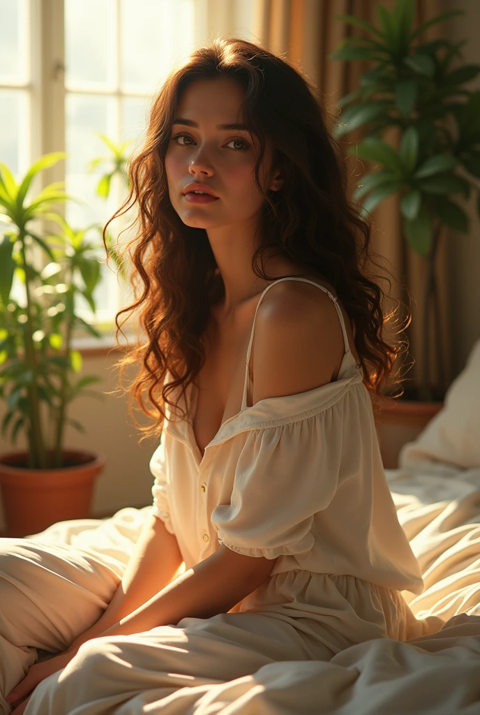 (photorealism:1.2), beautiful woman, sitting on bed, wearing loose off-shoulder top, pajama pants, long curly hair, indoors, soft lighting, plants in background, window with sunlight, cozy room, relaxed pose, realistic, intricate details, warm colors, by Greg Rutkowski, by Alphonse Mucha