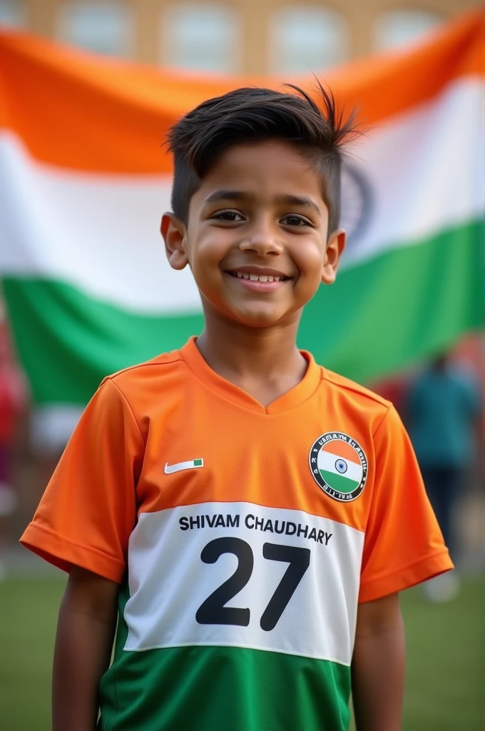 A boy named Shivam Chaudhary having jersey number 27 celebrity 15th August wearing Indian Jersey having flag in hand especially the name should be seen and loading jersey number