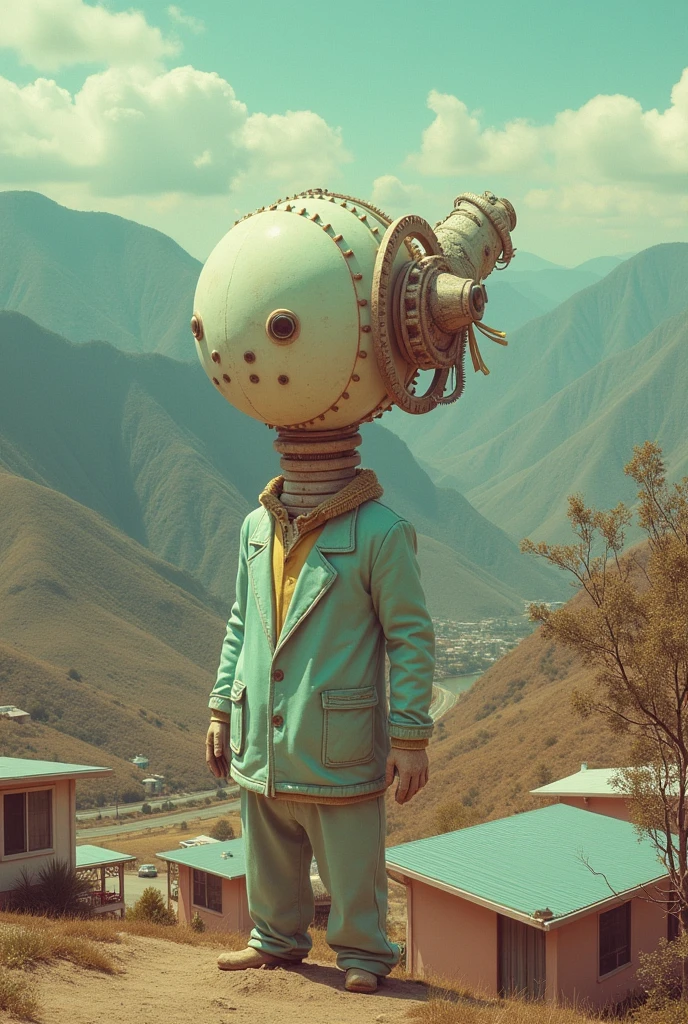 creature with gear head, mountain and houses on the background, 1960s neighborhood, pastel colors, surreal atmosphere, dreamcore, raw photo, film grain, aerial shot, shot using 1960s camera