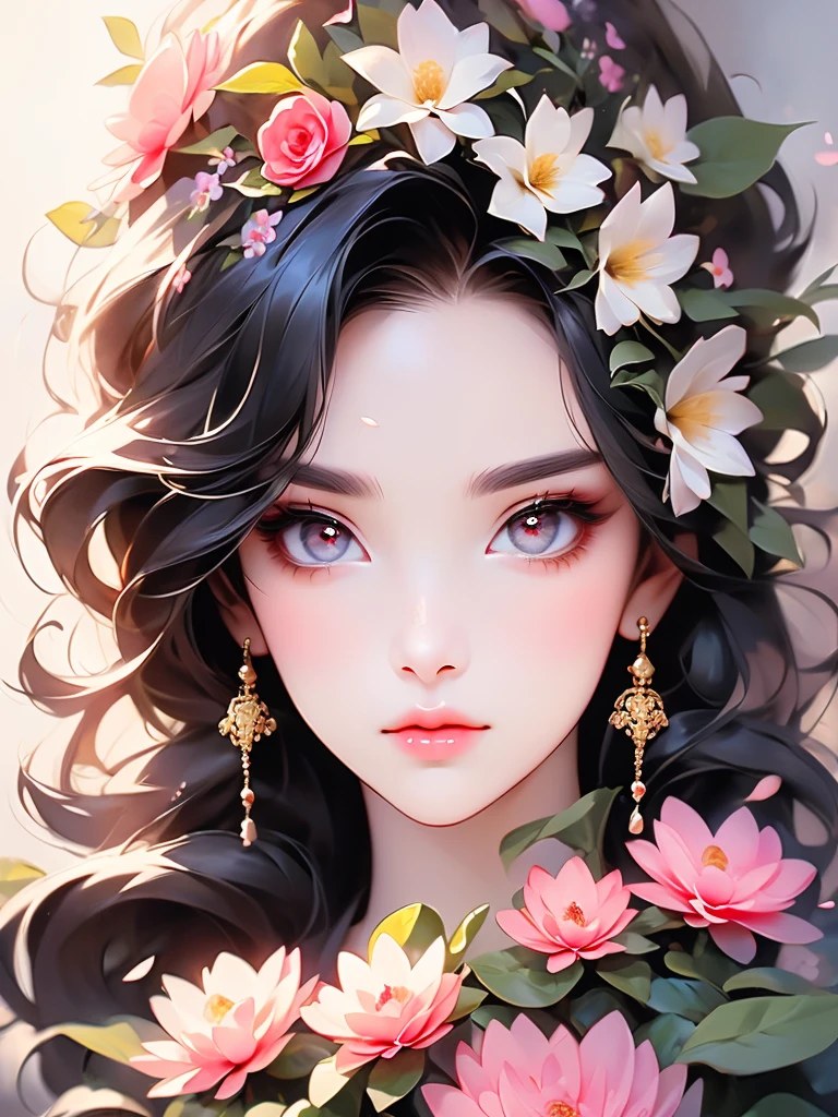 Looking at the camera with flowers and golden eyes., 8K high quality, detailed art, Very fine eye, Beautiful and detailed, Hyper Detail Eyes, Stunning face portrait, Ultra-fine eyes, Cute realistic portrait, Dreaming eyes, Large and fine eyes, Highly detailed face and eyes, Beautiful attention to detail, Very fine grain、Surrounded by flowers、Beautiful illustration、Eye close-up、mysterious、Gorgeous、Black Hair, Very long hair, Straight Hair, Large Breasts, (((Large flowers around the face)))、