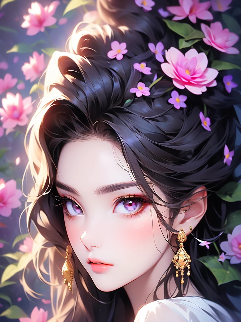 Looking at the camera with flowers and golden eyes., 8K high quality, detailed art, Very fine eye, Beautiful and detailed, Hyper Detail Eyes, Stunning face portrait, Ultra-fine eyes, Cute realistic portrait, Dreaming eyes, Large and fine eyes, Highly detailed face and eyes, Beautiful attention to detail, Very fine grain、Surrounded by flowers、Beautiful illustration、Eye close-up、mysterious、Gorgeous、Black Hair, Very long hair, Straight Hair, Large Breasts, (((Large flowers around the face)))、